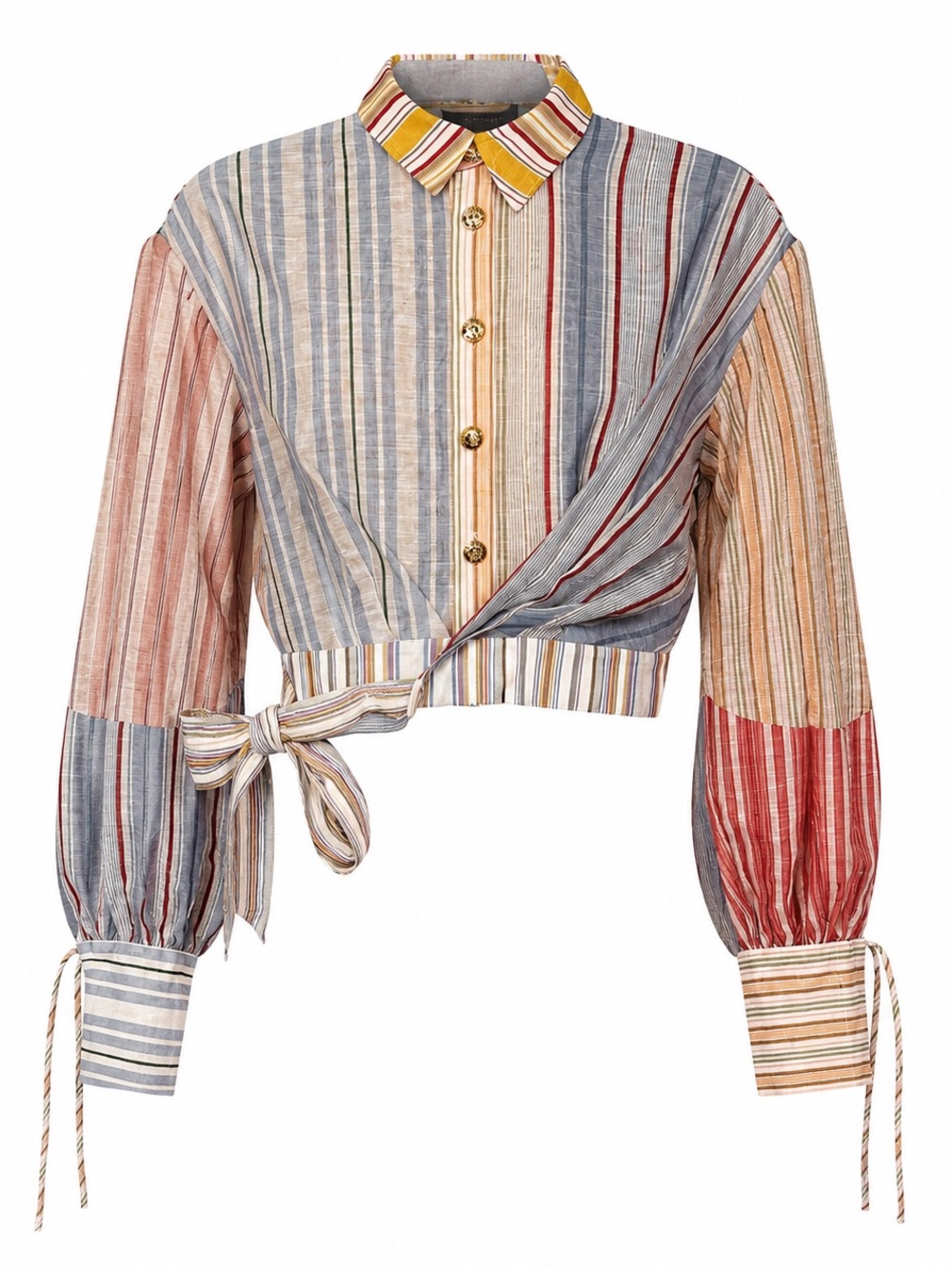 COMMENSE Multicolor Striped Wrap Crop Blouse Balloon Sleeve Tie Cuff XS